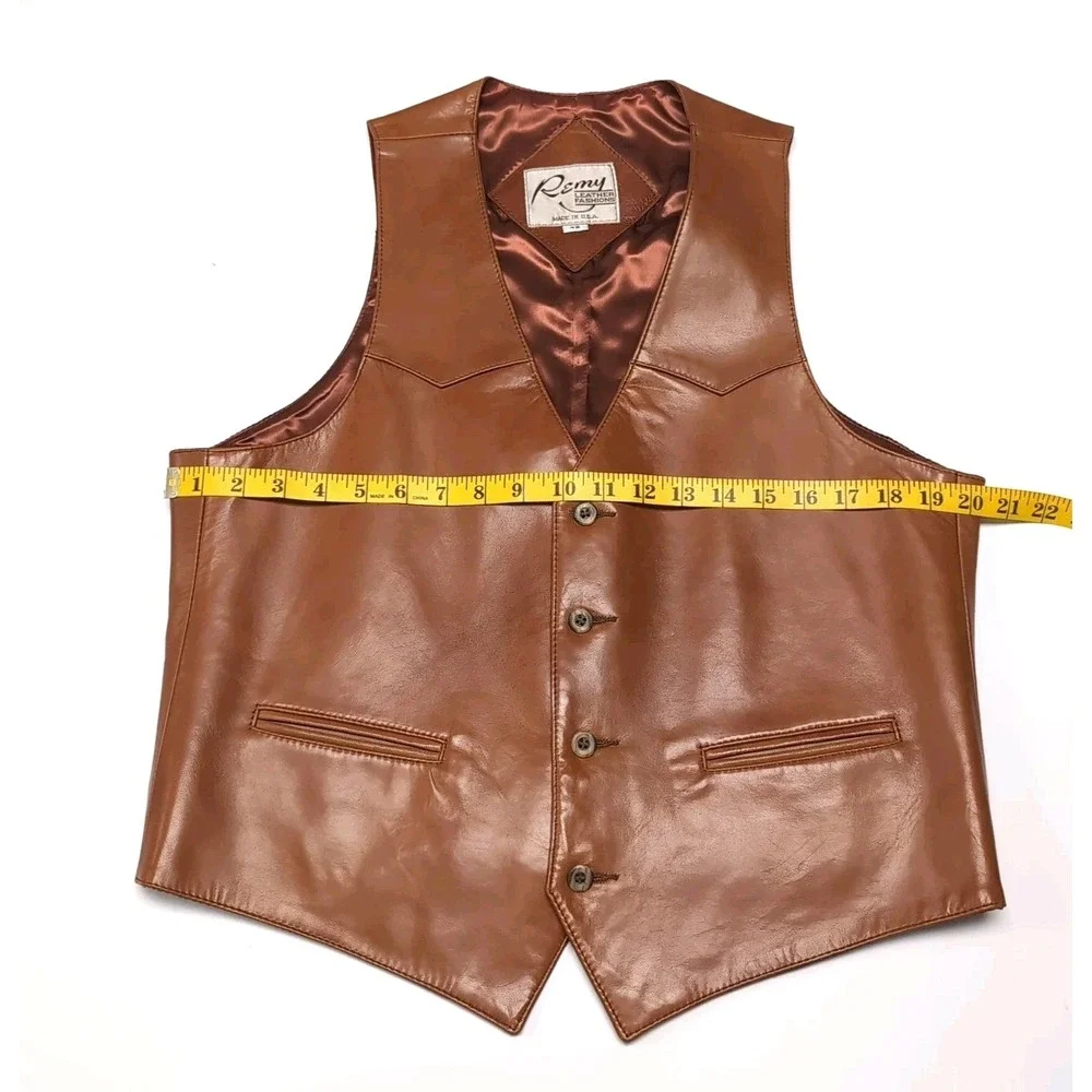Vtg Remy Leather Fashions Leather Vest Mens 42 Cognac Brown Western‎ USA